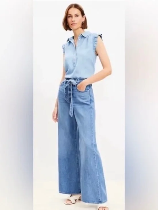 LOFT Palazzo Drape Denim Wide Leg Jeans with a Belted Waist - Picture 2 of 12